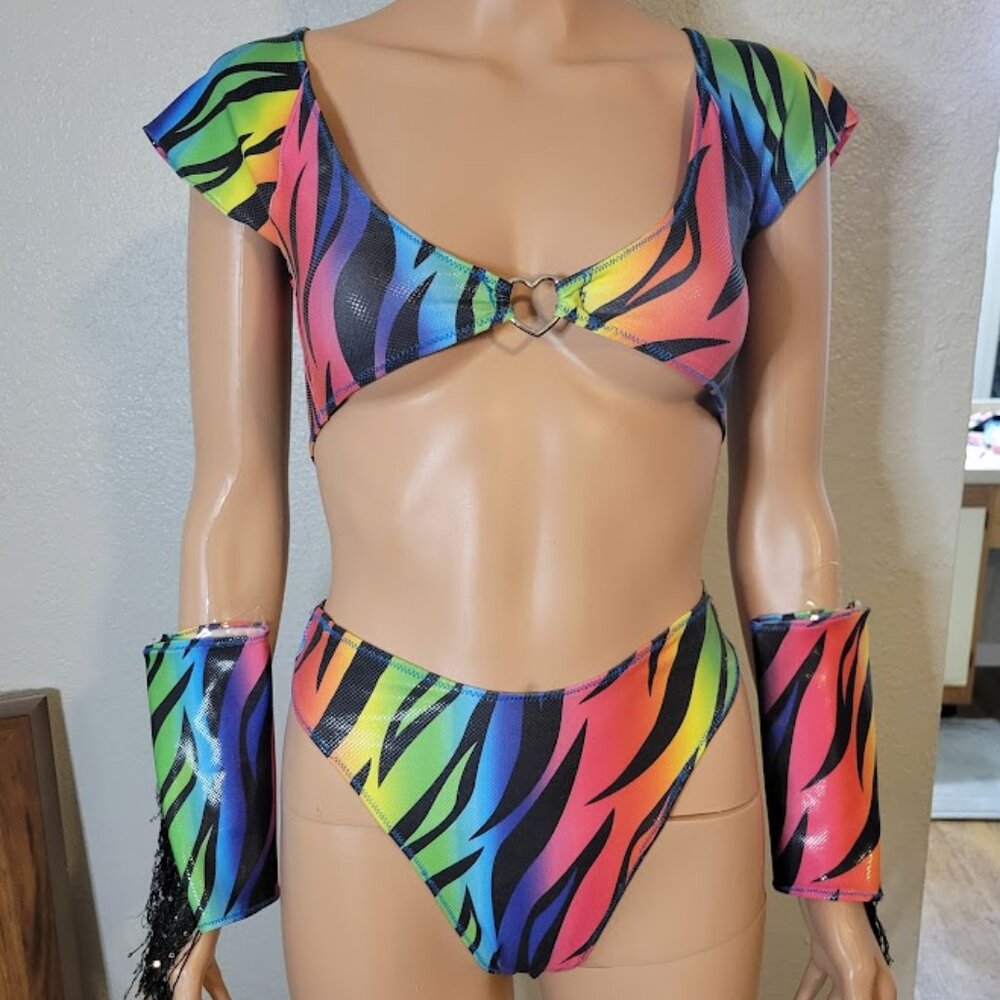 *SOLD* Rainbow Zebra Rave Set w/ Fringe Sleeves